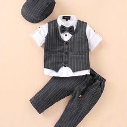 Robo Fry Cotton Full Sleeves Striped Party Suit With Bow & Hat - Black-image-1