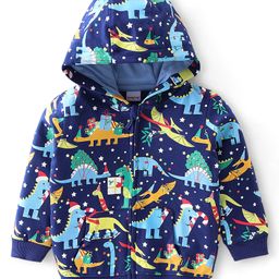 Babyhug Cotton Knit Full Sleeves Sweatjacket With Zipper & Hood Dino Print - Blue-image-35