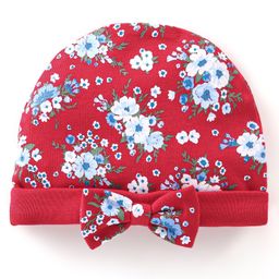 Babyhug 100% Cotton Knit Cap with Floral Design and Bow - Red-image-86