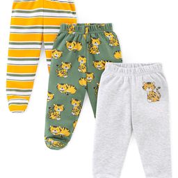 Babyhug Interlock Cotton Knit Footed Bootie Pants Stripes & Big Cat Print - Yellow Green & Grey-image-12