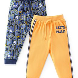 Babyhug Cotton Jersey Knit Full Length Lounge Pants Text Printed Pack of 2 - Yellow & Blue-image-89