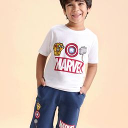 Babyhug Marvel Single Jersey Knit Half Sleeves T-Shirt And Shorts Set with Avengers Graphics - White & Navy Blue-image-91