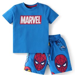 Babyhug Marvel Cotton Knit Half Sleeve Shorts Night Suit with Spiderman Graphics - Blue-image-76