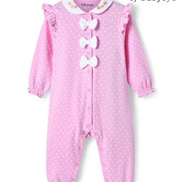 Babyoye Cotton Knit Full Sleeves Hearts Printed Front Open Romper with Bow Applique - Pink-image-29