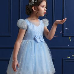 Mark & Mia Half Sleeves Party Frock   with Polka Dots Embroidery & Bow Detailing - Blue-image-78
