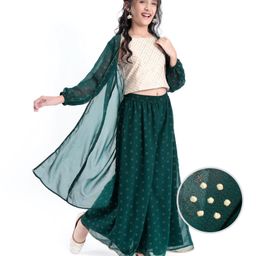 Pine Kids Woven Floral Embroiderd Kurta & Palazzo Set with Three Fourth Sleeves Jacket - Green-image-16