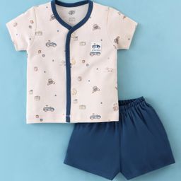 Zero Interlock Knit  Half Sleeves Front Open Night Suit With Animal & Vehicle Print - Cream & Navy-10