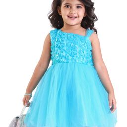 Babyhug Woven Sleeveless Fit & Flared Party Frock with Floral Applique & Textured Yoke Detailing - Aqua Blue-image-64