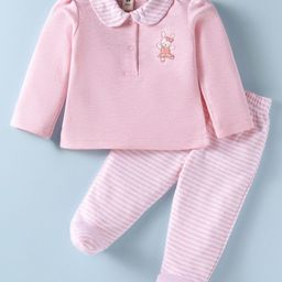 ToffyHouse Interlock Knit Full Sleeves Top & Footed Bottom Set With Kitty Embroidery & Peter Pan Collar - Pink-image-44