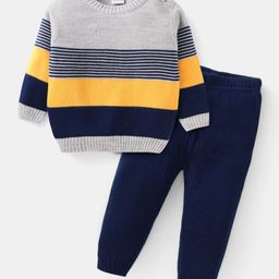 Babyhug Knitted Full Sleeves Colour Block Sweater Set with Striped Design- Navy Blue Grey & Yellow-image-6