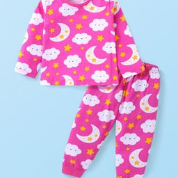 Babyhug Cotton Knit Full Sleeves Night Suit with Star & Cloud Print - Dark Pink-image-20