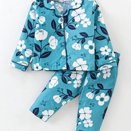 Doreme Cotton Woven Full Sleeves Front Open Night Suit With Floral Print - Teal Blue & White-image-55