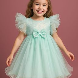 Babyhug Woven Frill Sleeves Party Dress With Sequinned Yoke & Bow Applique - Mint Green-image-93