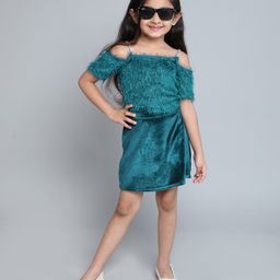Taffykids Fur Cold Shoulder Sleeves Solid Party Crop Top & Velvet Skirt Set - Green-image-74