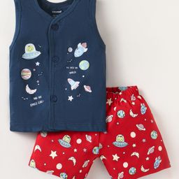 CUCUMBER Sinker Knit Sleeveless Night Suit With Space Theme Print - Navy Blue & Red-image-33