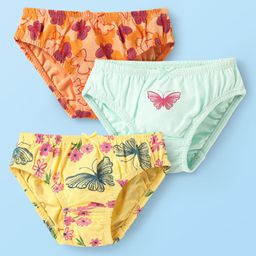 Babyoye Cotton Elastane Knit Panties With Floral & Butterfly Print Pack Of 3 - Yellow Light Green & Orange-picture-21