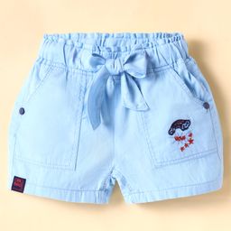 Olio Kids Cotton Knit Above Knee Length Shorts With Rainbow Embroidery & Bow Applique - Light Blue-picture-35