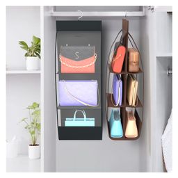 Kuber Industries Pack of 2 Hanging Organizer | 6 Pocket Transparent Storage Organizer | Handbag Storage For Closet | Clutch Handbag Organizer | Hanging Purse for Wardrobe | Black & Brown-image-94