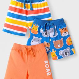 Babyhug Cotton Knit Mid Thigh Length Shorts with Animal Print & Stripes Pack of 3 - Orange Blue & Yellow-image-102