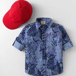 Rikidoos Full Sleeves Leaves Printed Shirt & Cap - Blue-image-98