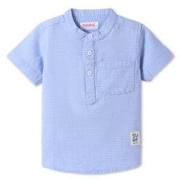 Babyhug Cotton Woven Half Sleeves Mandarin Collar Striped Kurta Shirt with Text Patch - Light Blue-image-5