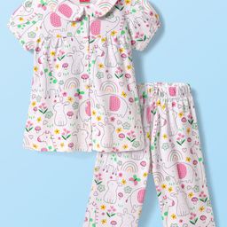 Babyhug Cotton Knit Half Sleeves Front Open Co-ords Peter Pan Collared Capri Night Suit with Jungle Theme Printed - White-image-9