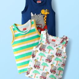 Babyhug 100% Cotton Antibacterial Sleeveless Sando With Stripes & Animal Print Pack Of 3 - Navy Blue Yellow & White-image-59