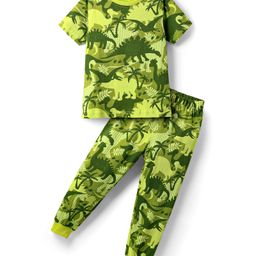 Babyhug Cotton Knit Half Sleeves Co-ord Night Suit With Dino Print - Green-image-83