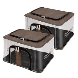 Storite 2 Pack Nylon 33 L PVC Transparent Moisture Proof Storage box for Clothes Closet Wardrobe Organizer for Clothes Saree Bags with Carry Handle - (Brown, 44 x 31 x 24 cm)-picture-34