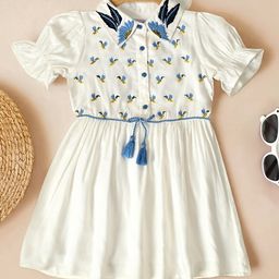 Bella Moda Cotton Half Puffed Sleeves Honey Bee Embroidered Dress - White-image-97