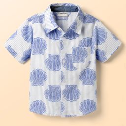 CrayonFlakes Cotton Woven Half Sleeves Striped & Oysters Embroidered Shirt - Blue-picture-31