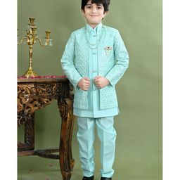 BT DEZINES Silk Blend Woven Solid Sherwani & Pant With Full Sleeves Sequins Embelished Jacket & Necklace Set - Turquoise-image-76