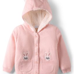 Babyhug Knitted Full Sleeves Front Open Hooded Sweater With Bunny Embroidery - Pink-picture-47