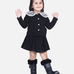 Aww Hunnie Fleece Knit Full Sleeves Floral Embroidered Peter Pan Collar Shirt Style Top & Skirt Set - Black-picture-48