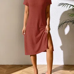 Outzidr Women Ribbed Slit A-Line Midi Dress-picture-44