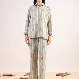 JISORA Green Floral Printed Pure Cotton Shirt With Trousers-picture-54