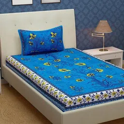 METRO LIVING Blue 104 TC Single Bedsheet with 1 Pillow Covers-image-89