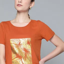 Chemistry Women Rust Orange & Golden Tropical Print Pure Cotton T-shirt-image-32