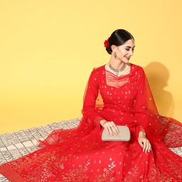 PANIT Women Red Ethnic Motifs Swirling Volume Ethnic Dress-image-98