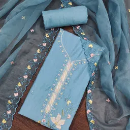 SHADOW & SAINING Floral Embroidered Thread Work Pure Cotton Semi-Stitched Dress Material-image-38