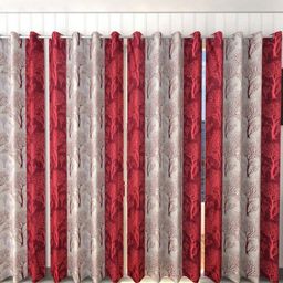 BELLA TRUE Maroon & Beige 4 Pieces Floral Printed Room Darkening Door Curtains-0
