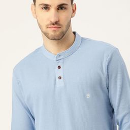 Mr Bowerbird Men Blue Pure Cotton Self-Striped Henley Neck Pure Cotton T-shirt-image-37