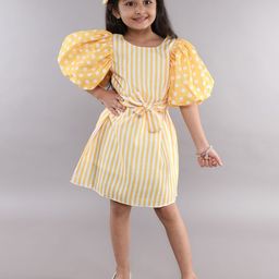 Pink Chick Polka Dot Striped Puff Sleeve A-Line Dress-image-72