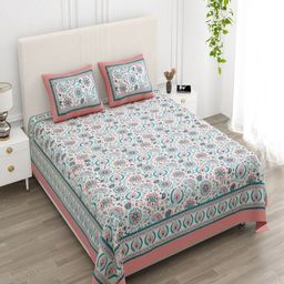 tundwal's Blue & Pink Floral Printed 210 TC Cotton King Bedsheet Set 2.28 m x 2.74 m-image-91