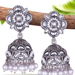 DIVASTRI Silver-Plated Artificial Stones Studded And Beaded Dome Shaped Oxidised Jhumkas-18