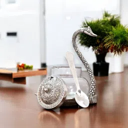 White Metal Turquoise Single Duck Bowl with Spoon Table Décorative Handicrafts Silver Plate for Dryfruit/Decoration/Table Decor Home Décor Bowl Serving Set-image-84
