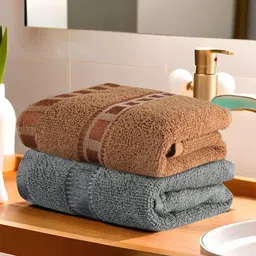 Kuber Industries Grey & Brown 2 Pieces Self Design Anti Odour Cotton 225 GSM Face Towels-89