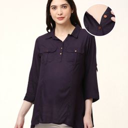 Bella Mama Woven Three Fourth Sleeves Solid Color Maternity Top with Patch Pockets - Navy-image-41