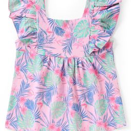 Babyhug 100% Cotton Knit Frill Sleeves Top with Tropical Theme & Frill Detailing- Pink-image-81