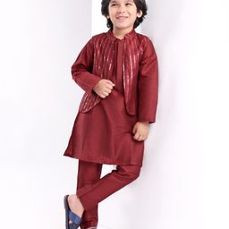 Babyhug Woven Full Sleeves Solid Colour Pathani Kurta Pyjama Set with Sequined Embroidered Jacket - Maroon-image-24